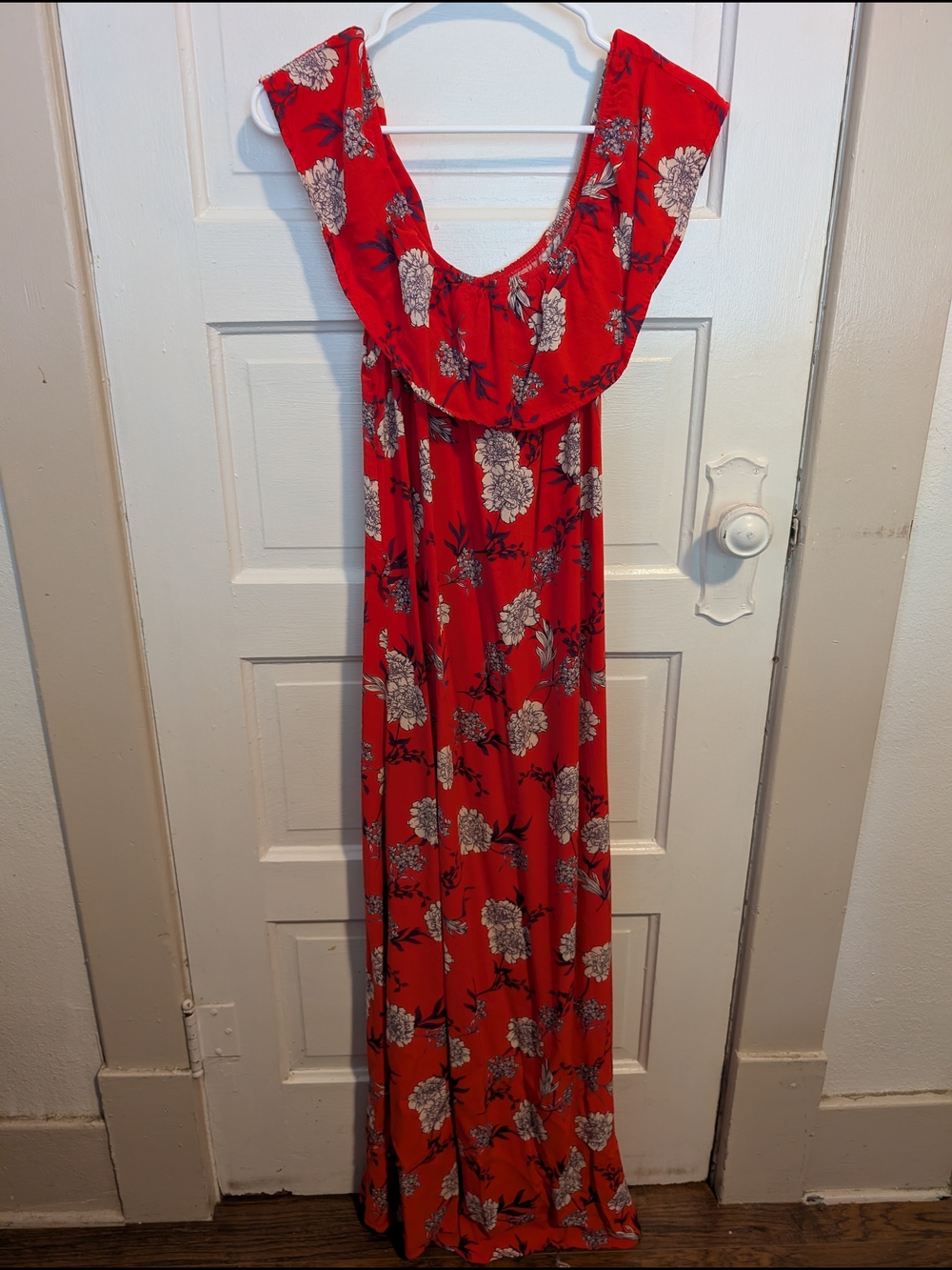 Red Floral Bohemian Maxi Dress with Ruffle Off Shoulder Neckline